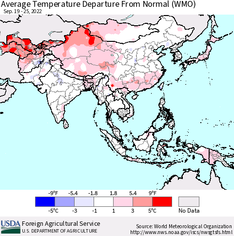 Asia Average Temperature Departure from Normal (WMO) Thematic Map For 9/19/2022 - 9/25/2022