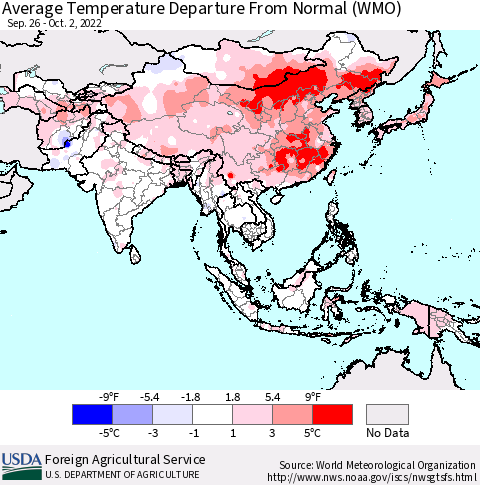 Asia Average Temperature Departure from Normal (WMO) Thematic Map For 9/26/2022 - 10/2/2022