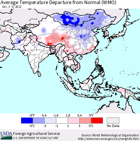 Asia Average Temperature Departure from Normal (WMO) Thematic Map For 10/3/2022 - 10/9/2022