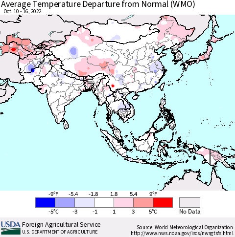 Asia Average Temperature Departure from Normal (WMO) Thematic Map For 10/10/2022 - 10/16/2022