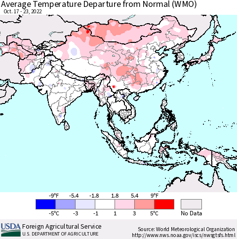Asia Average Temperature Departure from Normal (WMO) Thematic Map For 10/17/2022 - 10/23/2022