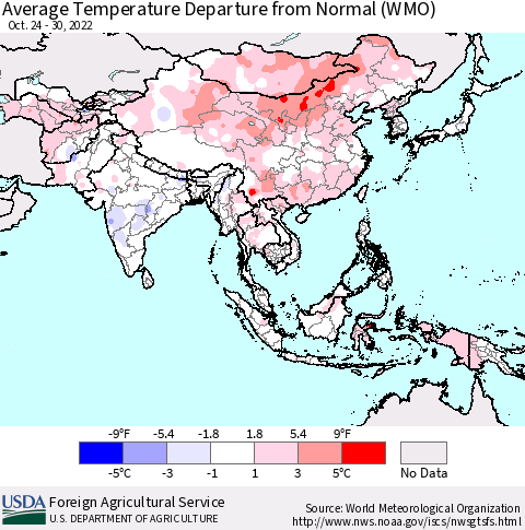 Asia Average Temperature Departure from Normal (WMO) Thematic Map For 10/24/2022 - 10/30/2022