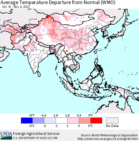 Asia Average Temperature Departure from Normal (WMO) Thematic Map For 10/31/2022 - 11/6/2022