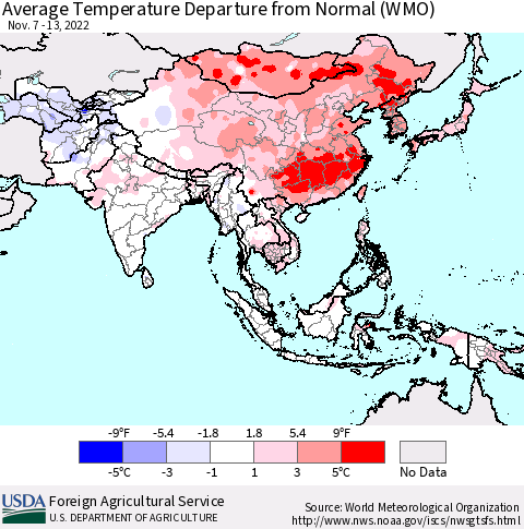 Asia Average Temperature Departure from Normal (WMO) Thematic Map For 11/7/2022 - 11/13/2022