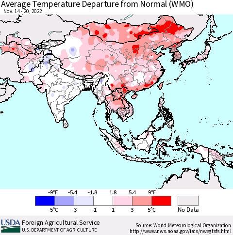Asia Average Temperature Departure from Normal (WMO) Thematic Map For 11/14/2022 - 11/20/2022