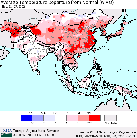 Asia Average Temperature Departure from Normal (WMO) Thematic Map For 11/21/2022 - 11/27/2022