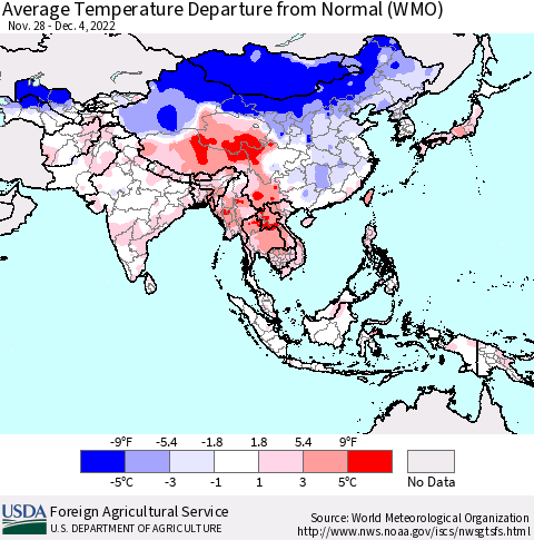 Asia Average Temperature Departure from Normal (WMO) Thematic Map For 11/28/2022 - 12/4/2022