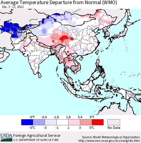 Asia Average Temperature Departure from Normal (WMO) Thematic Map For 12/5/2022 - 12/11/2022
