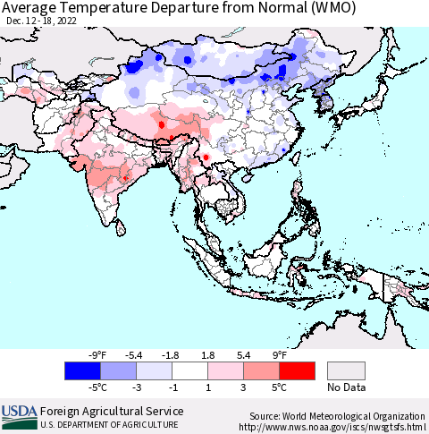 Asia Average Temperature Departure from Normal (WMO) Thematic Map For 12/12/2022 - 12/18/2022