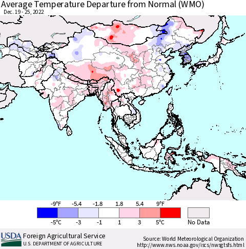 Asia Average Temperature Departure from Normal (WMO) Thematic Map For 12/19/2022 - 12/25/2022