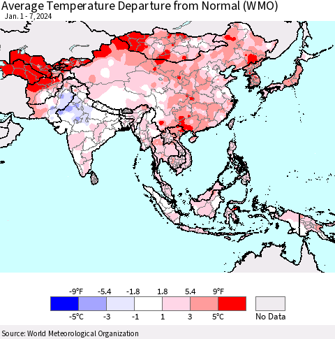 Asia Average Temperature Departure from Normal (WMO) Thematic Map For 1/1/2024 - 1/7/2024