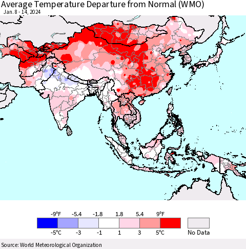 Asia Average Temperature Departure from Normal (WMO) Thematic Map For 1/8/2024 - 1/14/2024