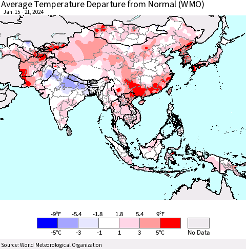 Asia Average Temperature Departure from Normal (WMO) Thematic Map For 1/15/2024 - 1/21/2024