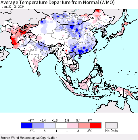 Asia Average Temperature Departure from Normal (WMO) Thematic Map For 1/22/2024 - 1/28/2024