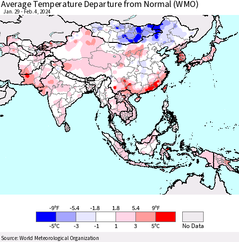 Asia Average Temperature Departure from Normal (WMO) Thematic Map For 1/29/2024 - 2/4/2024