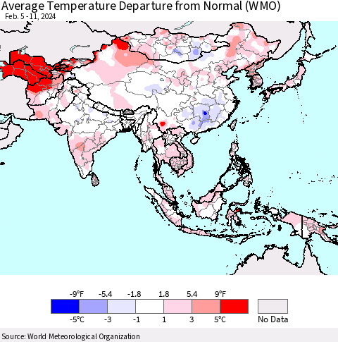 Asia Average Temperature Departure from Normal (WMO) Thematic Map For 2/5/2024 - 2/11/2024