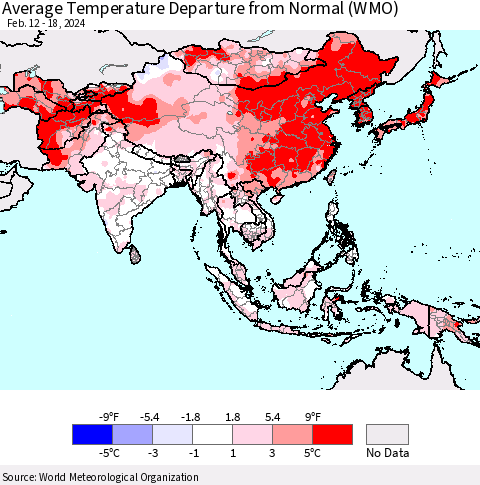 Asia Average Temperature Departure from Normal (WMO) Thematic Map For 2/12/2024 - 2/18/2024