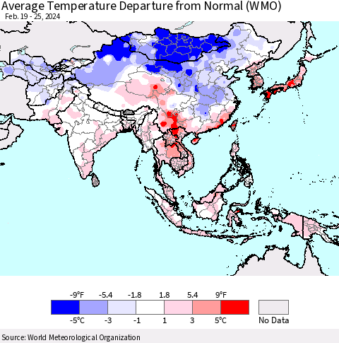 Asia Average Temperature Departure from Normal (WMO) Thematic Map For 2/19/2024 - 2/25/2024