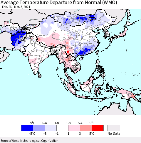 Asia Average Temperature Departure from Normal (WMO) Thematic Map For 2/26/2024 - 3/3/2024