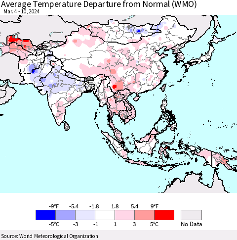 Asia Average Temperature Departure from Normal (WMO) Thematic Map For 3/4/2024 - 3/10/2024