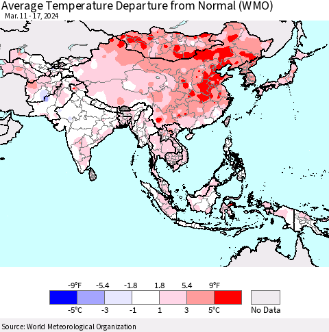 Asia Average Temperature Departure from Normal (WMO) Thematic Map For 3/11/2024 - 3/17/2024