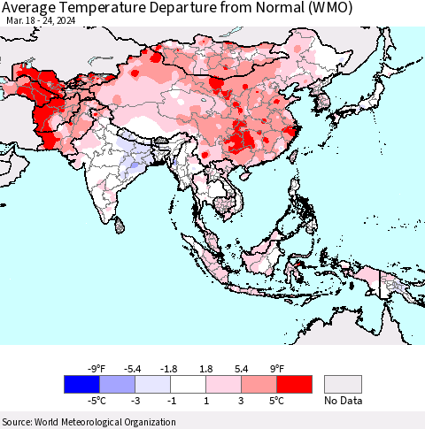 Asia Average Temperature Departure from Normal (WMO) Thematic Map For 3/18/2024 - 3/24/2024