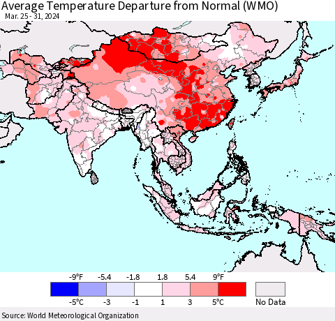 Asia Average Temperature Departure from Normal (WMO) Thematic Map For 3/25/2024 - 3/31/2024