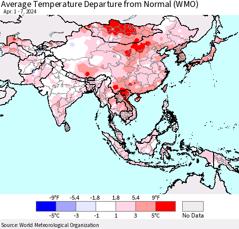 Asia Average Temperature Departure from Normal (WMO) Thematic Map For 4/1/2024 - 4/7/2024
