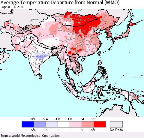 Asia Average Temperature Departure from Normal (WMO) Thematic Map For 4/8/2024 - 4/14/2024