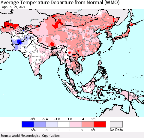 Asia Average Temperature Departure from Normal (WMO) Thematic Map For 4/15/2024 - 4/21/2024