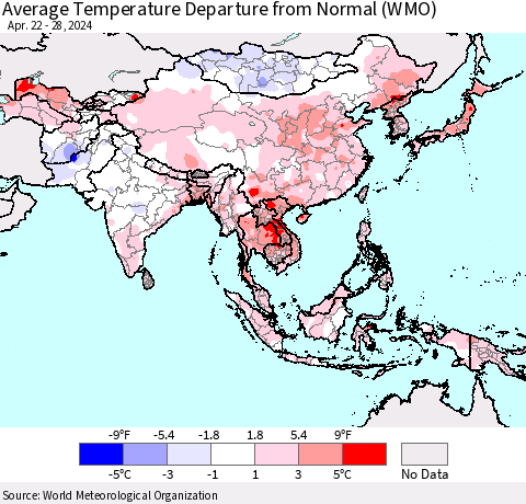Asia Average Temperature Departure from Normal (WMO) Thematic Map For 4/22/2024 - 4/28/2024