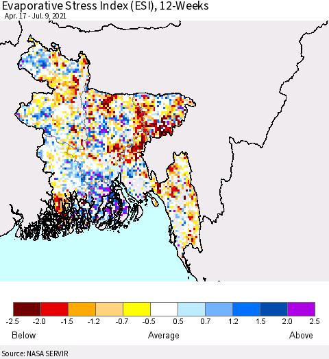Bangladesh Evaporative Stress Index (ESI), 12-Weeks Thematic Map For 7/5/2021 - 7/11/2021