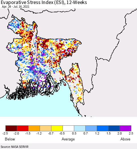 Bangladesh Evaporative Stress Index (ESI), 12-Weeks Thematic Map For 7/12/2021 - 7/18/2021