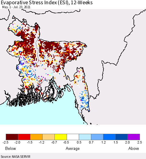 Bangladesh Evaporative Stress Index (ESI), 12-Weeks Thematic Map For 7/19/2021 - 7/25/2021