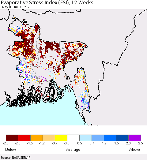 Bangladesh Evaporative Stress Index (ESI), 12-Weeks Thematic Map For 7/26/2021 - 8/1/2021