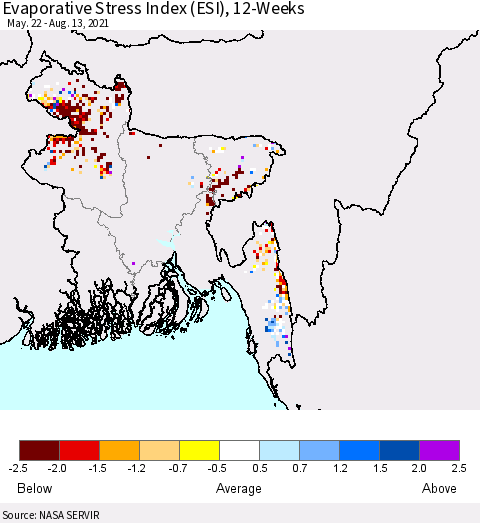 Bangladesh Evaporative Stress Index (ESI), 12-Weeks Thematic Map For 8/9/2021 - 8/15/2021