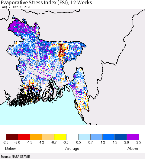 Bangladesh Evaporative Stress Index (ESI), 12-Weeks Thematic Map For 10/25/2021 - 10/31/2021