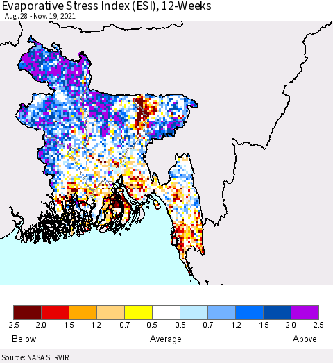 Bangladesh Evaporative Stress Index (ESI), 12-Weeks Thematic Map For 11/15/2021 - 11/21/2021