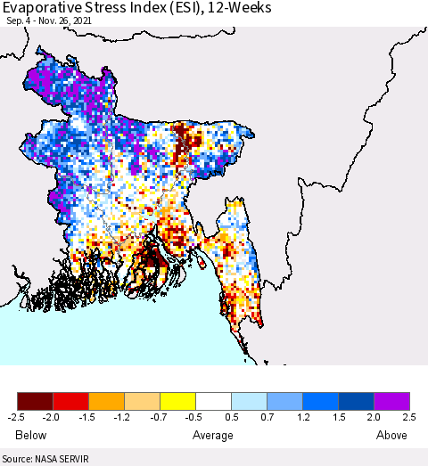 Bangladesh Evaporative Stress Index (ESI), 12-Weeks Thematic Map For 11/22/2021 - 11/28/2021