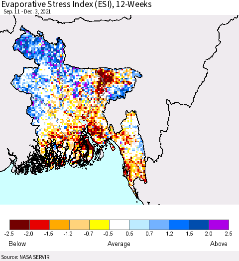 Bangladesh Evaporative Stress Index (ESI), 12-Weeks Thematic Map For 11/29/2021 - 12/5/2021