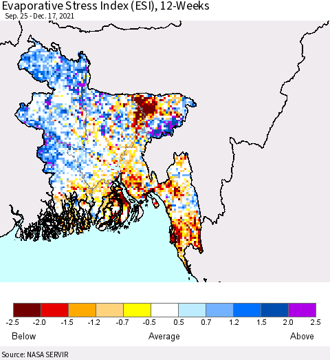 Bangladesh Evaporative Stress Index (ESI), 12-Weeks Thematic Map For 12/13/2021 - 12/19/2021