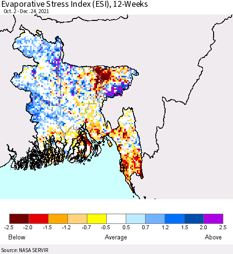 Bangladesh Evaporative Stress Index (ESI), 12-Weeks Thematic Map For 12/20/2021 - 12/26/2021