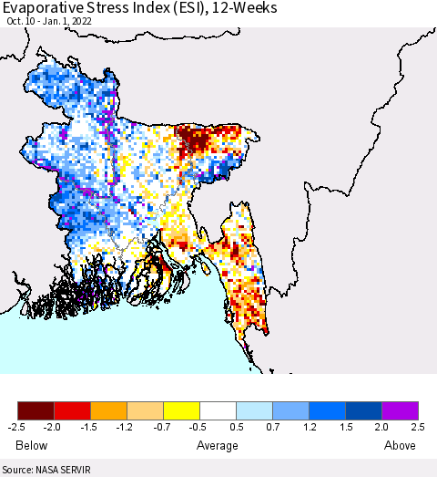 Bangladesh Evaporative Stress Index (ESI), 12-Weeks Thematic Map For 12/27/2021 - 1/2/2022