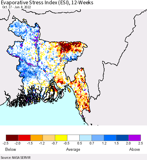 Bangladesh Evaporative Stress Index (ESI), 12-Weeks Thematic Map For 1/3/2022 - 1/9/2022