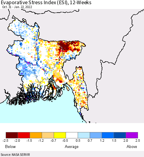 Bangladesh Evaporative Stress Index (ESI), 12-Weeks Thematic Map For 1/17/2022 - 1/23/2022