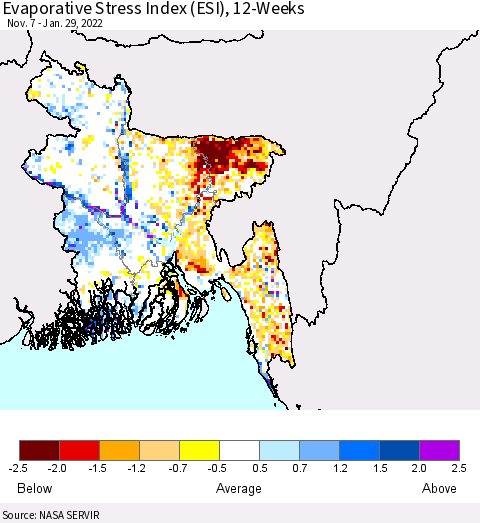 Bangladesh Evaporative Stress Index (ESI), 12-Weeks Thematic Map For 1/24/2022 - 1/30/2022