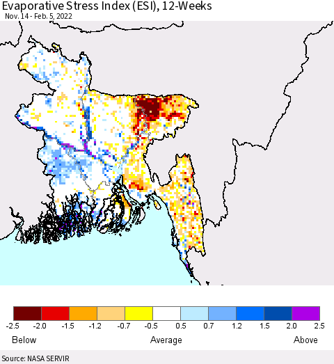 Bangladesh Evaporative Stress Index (ESI), 12-Weeks Thematic Map For 1/31/2022 - 2/6/2022