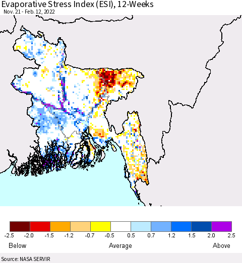 Bangladesh Evaporative Stress Index (ESI), 12-Weeks Thematic Map For 2/7/2022 - 2/13/2022