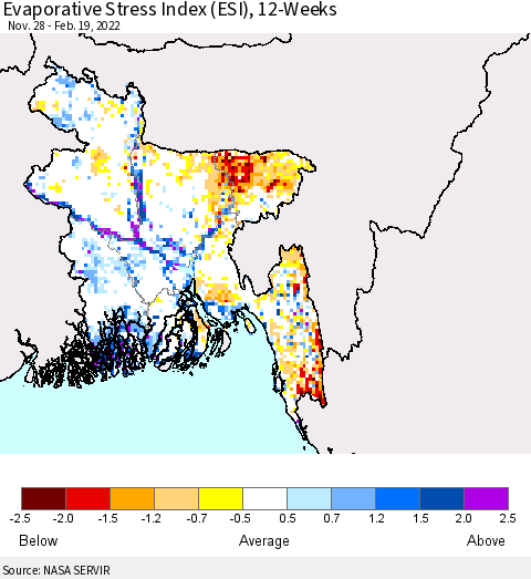 Bangladesh Evaporative Stress Index (ESI), 12-Weeks Thematic Map For 2/14/2022 - 2/20/2022