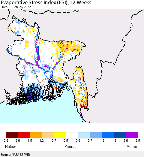 Bangladesh Evaporative Stress Index (ESI), 12-Weeks Thematic Map For 2/21/2022 - 2/27/2022